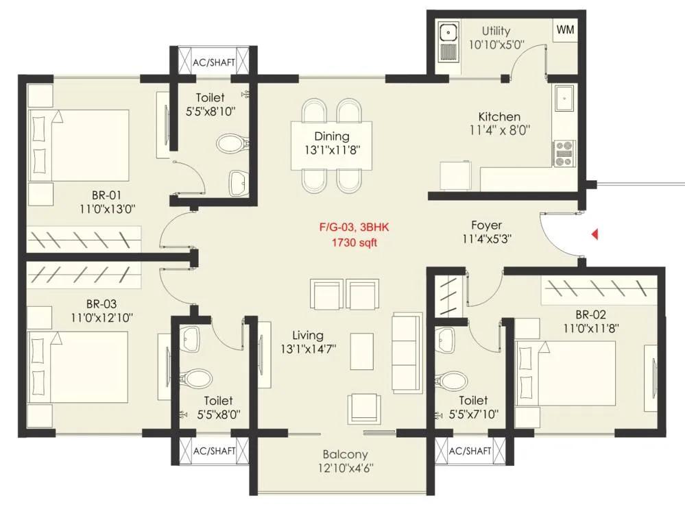 3 BHK – 1730 – SNN Raj Grandeur