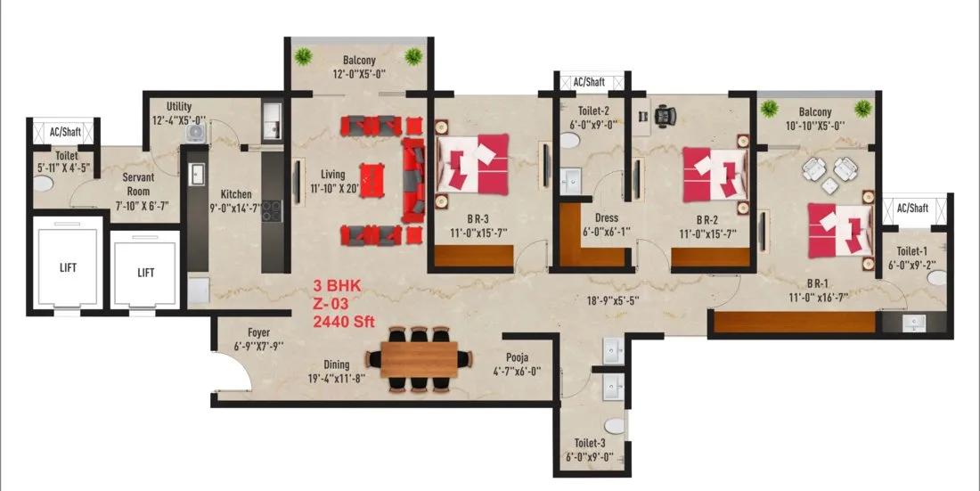 3 BHK – 2440 – SNN Raj Spiritua