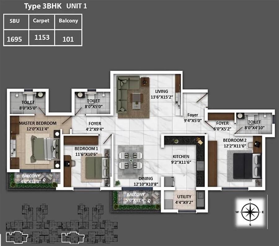 1695 3BHK - Keya Spring