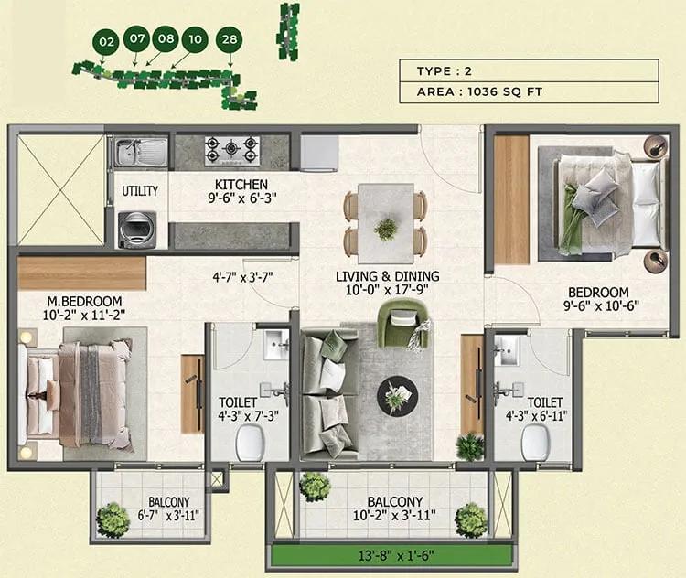 2BHK 1036 - Sowparnika Whispering Petals Hoskote