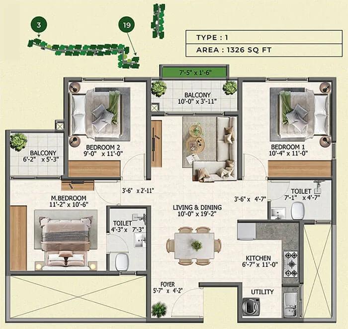 3BHK 1326 - Sowparnika Whispering Petals Hoskote