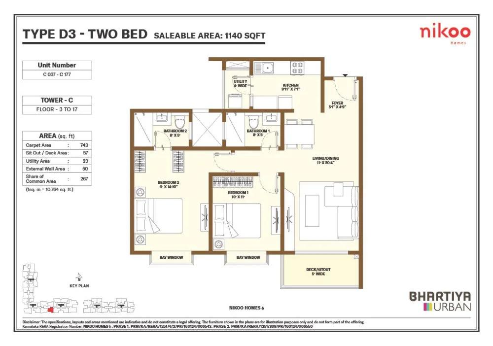 2bhk d3 1140 nikoo homes 6