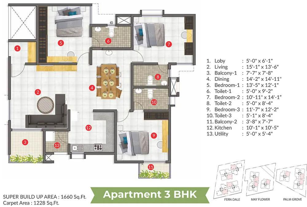 3BHK Apartment 1660 - Aratt Cityscapes