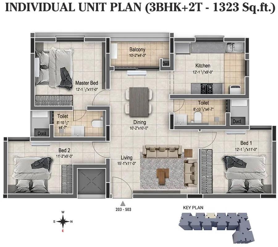 3BHK+2T 1323 - DRA Clover Tambaram Chennai