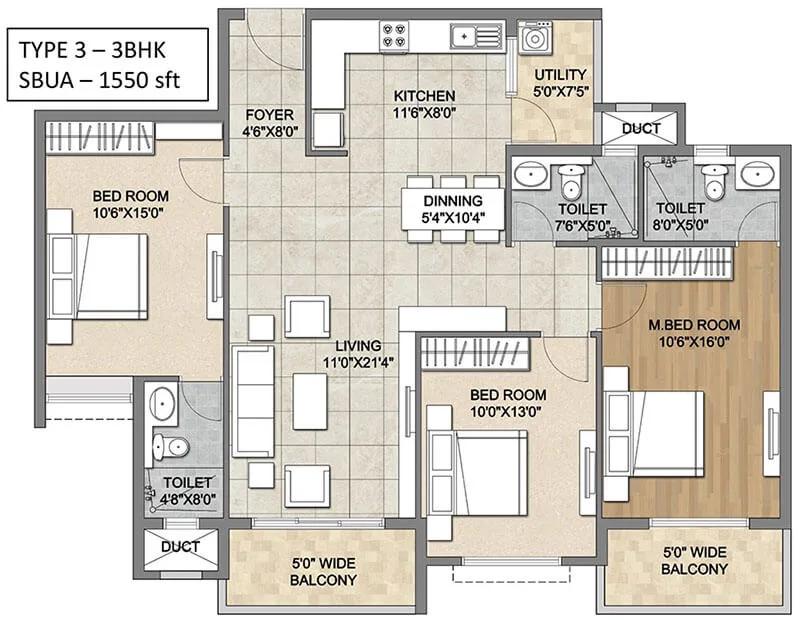 3BHK 1550 - Ajmera Codename Electronic City