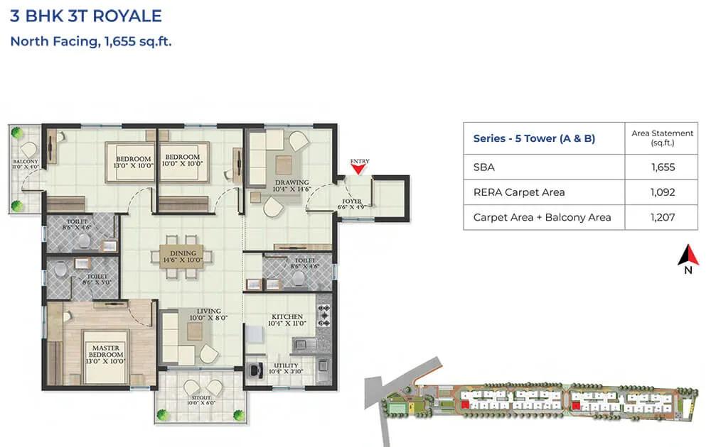 3BHK Royale 1655 - Abhee Serenity Springs