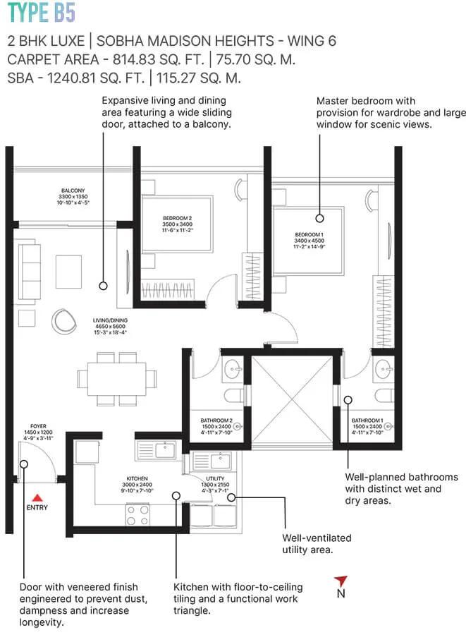 2BHK 1240 - Sobha Town Park Phase 3