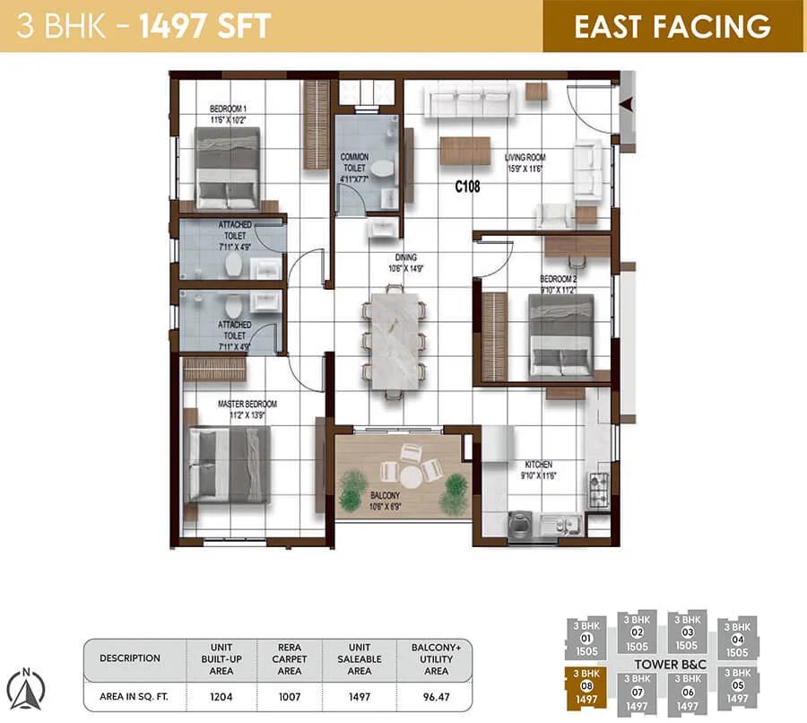 3BHK 1497 - NCC Urban Ivy Towers Chennai