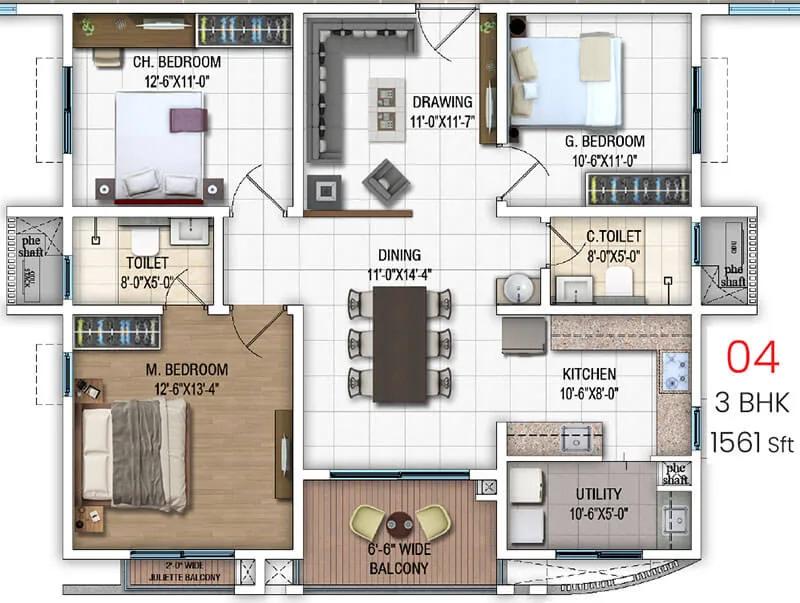3BHK 1561 - DSR Evoq Whitefield