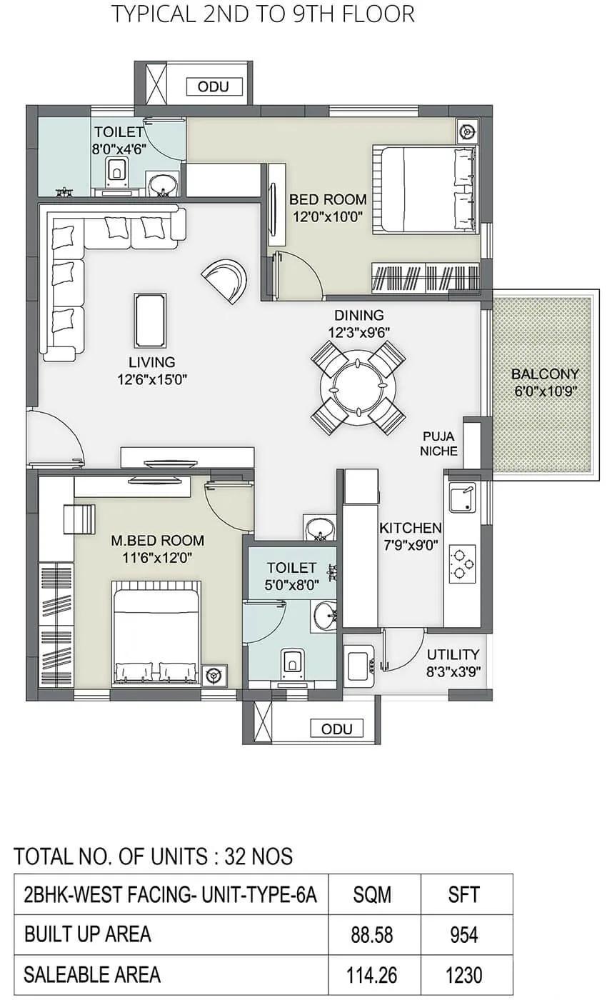 2 BHK - 1230 - Ambience Courtyard Manikonda