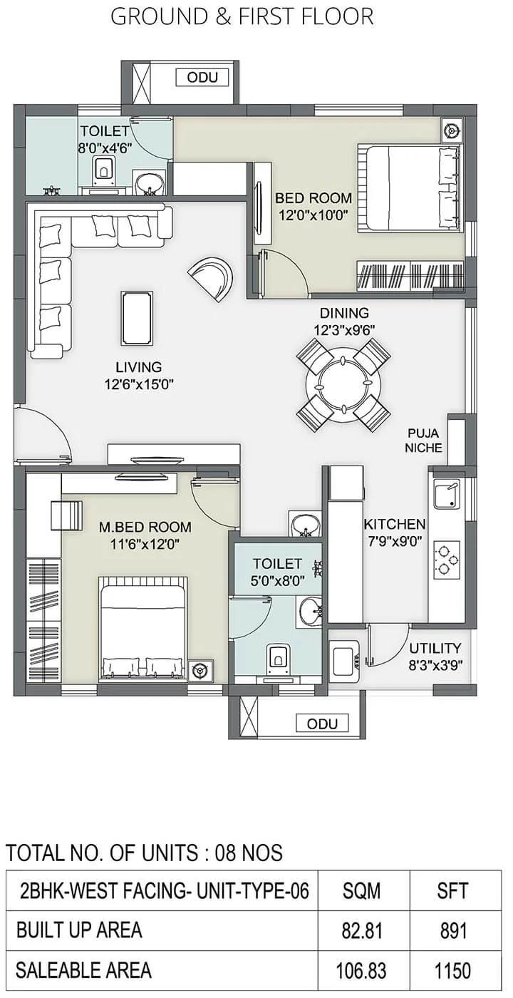 2 BHK - 1150 - Ambience Courtyard Manikonda