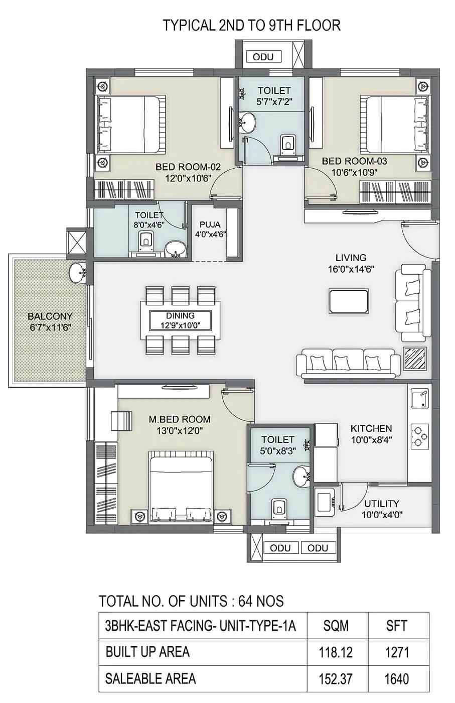 3 BHK - 1640 - Ambience Courtyard Manikonda