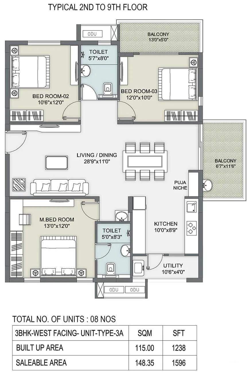 3 BHK - 1596 - Ambience Courtyard Manikonda