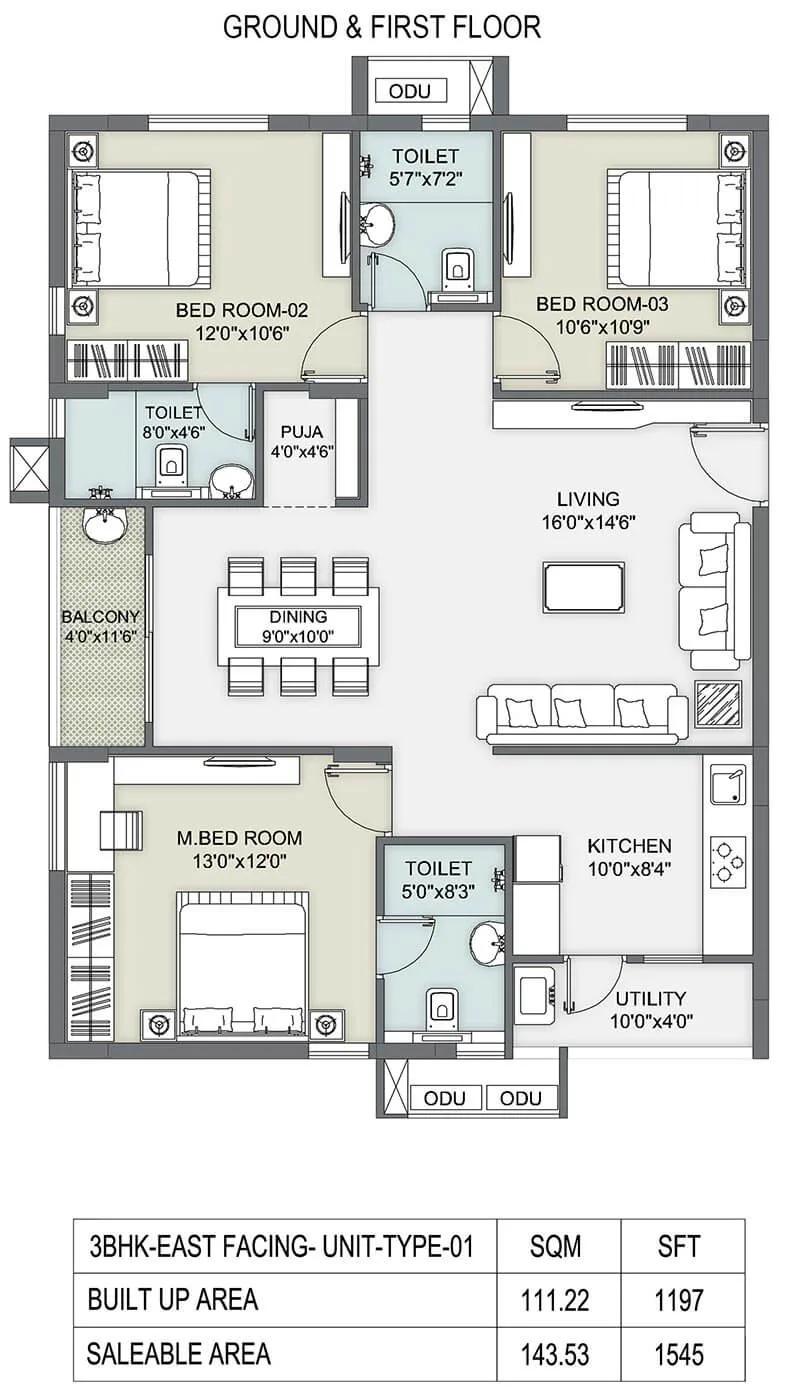 3 BHK - 1545 - Ambience Courtyard Manikonda