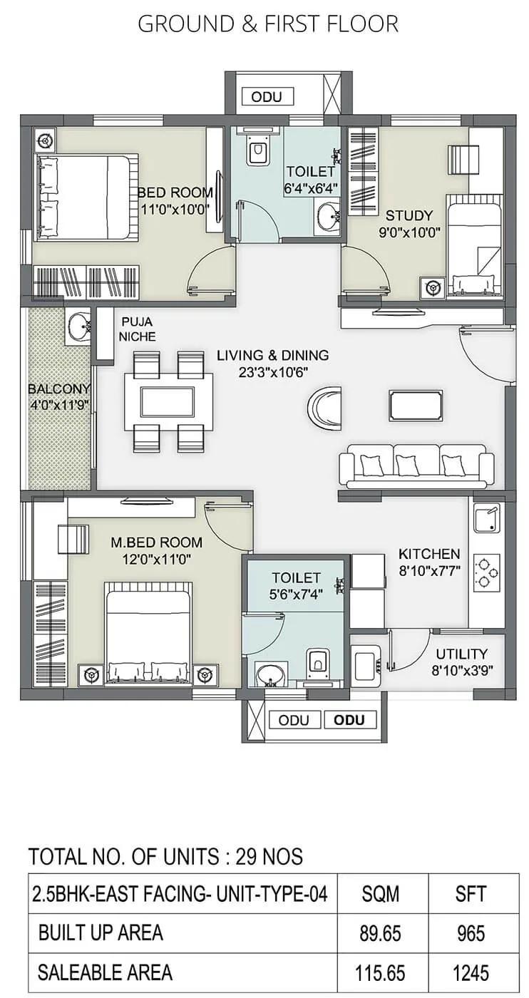 2.5 BHK - 1245 - Ambience Courtyard Manikonda