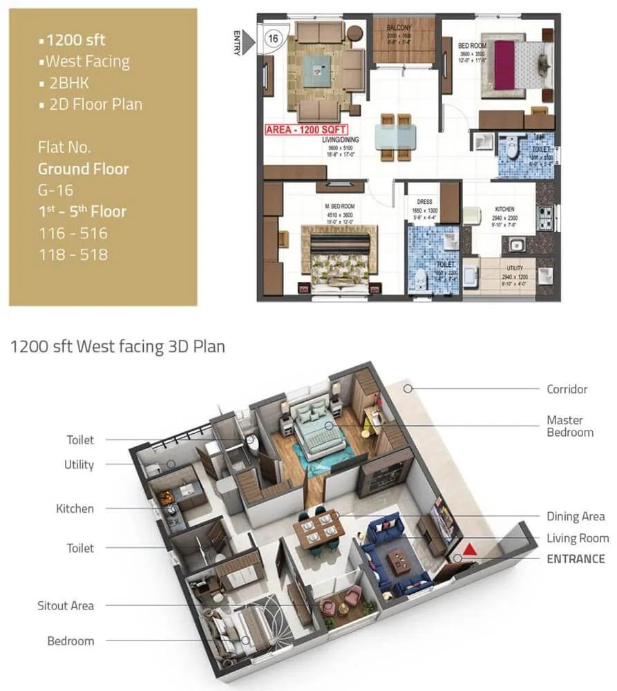 2 BHK West - 1200 - PVR Kshetra Shankarpally