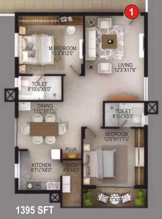 2 BHK 1395 A - EIPL Apila Gandipet