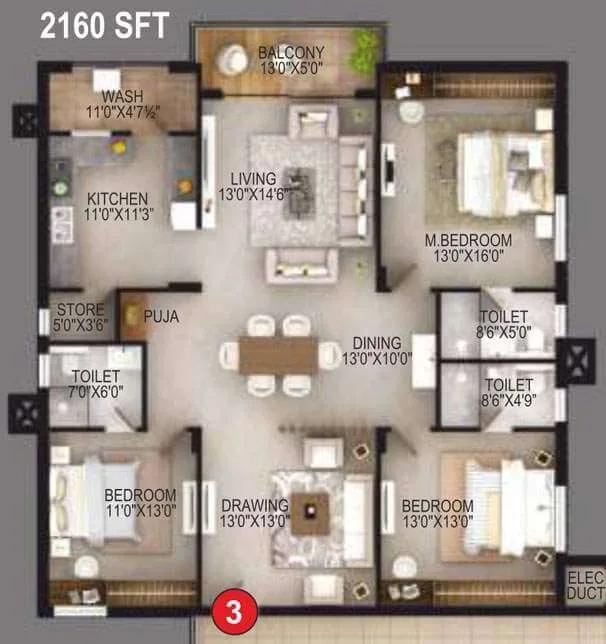 3 BHK 2160 - EIPL Apila Gandipet