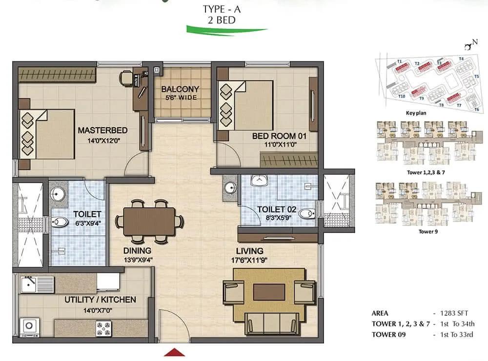 2 BHK - 1283 - Prestige High Fields