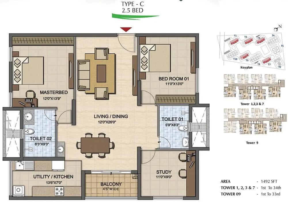 2.5 BHK - 1492 - Prestige High Fields
