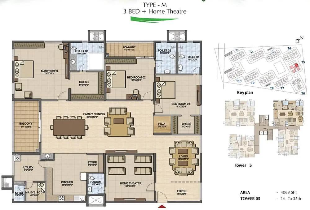 3 BHK + Home Theatre - 4069 - Prestige High Fields
