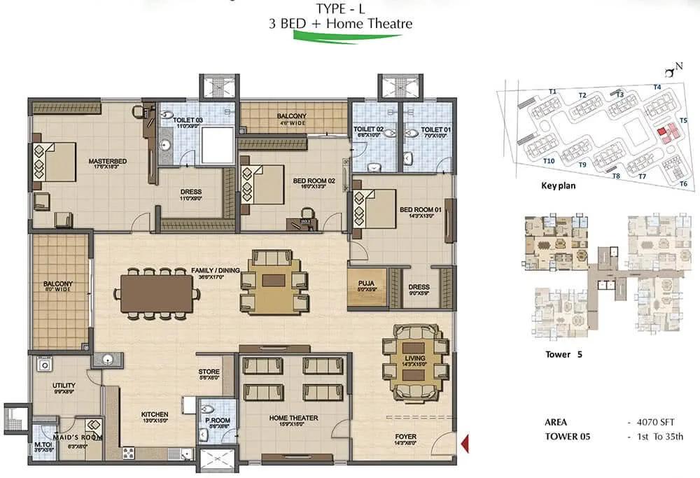 3 BHK + Home Theatre - 4070 - Prestige High Fields