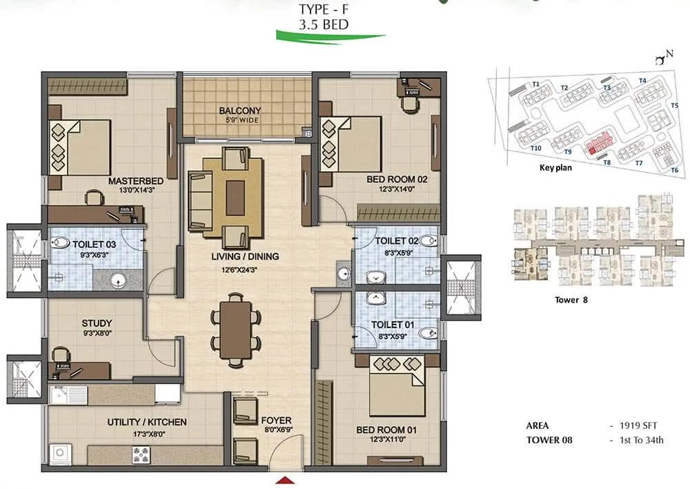 3.5 BHK - 1919 - Prestige High Fields