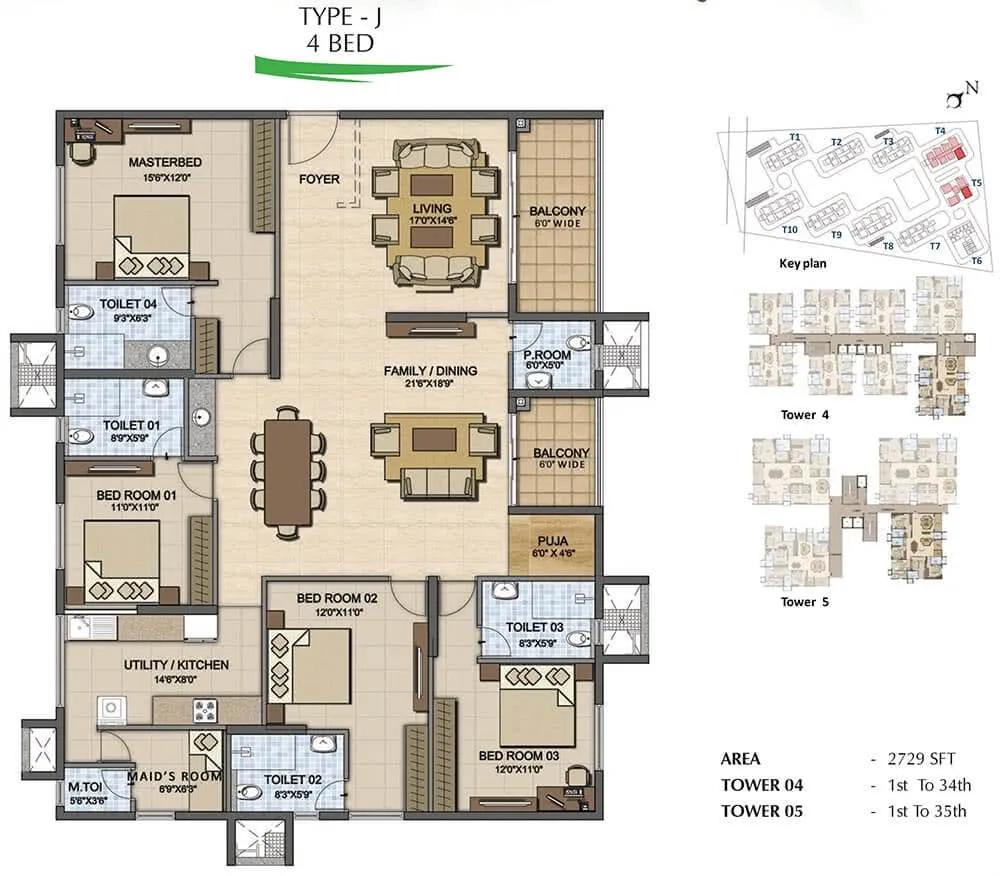 4 BHK - 2729 - Prestige High Fields