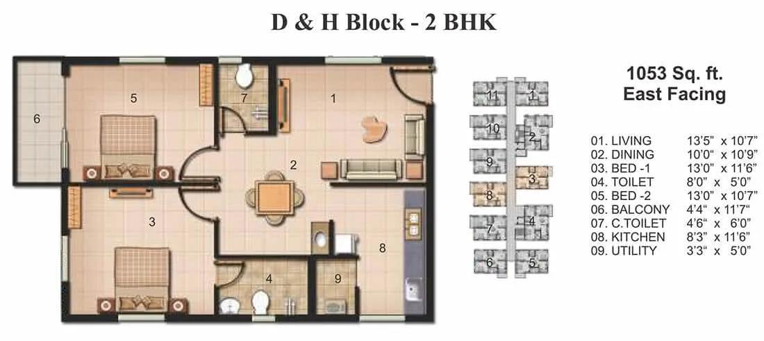 2 BHK - 1053 - JAINS Carlton Creek Khajaguda