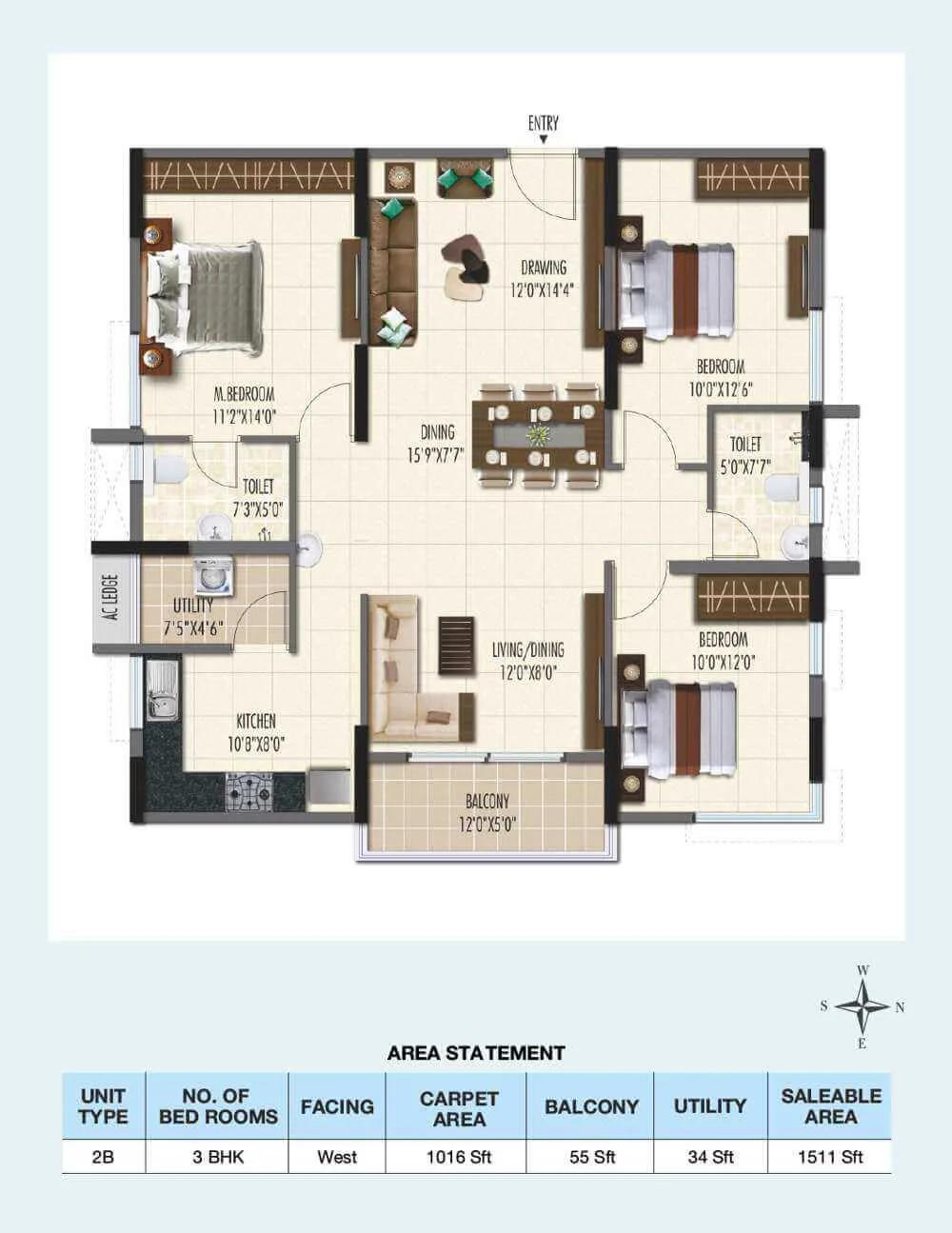 3-BHK-West-1511 - Ramky One Galaxia Phase 2