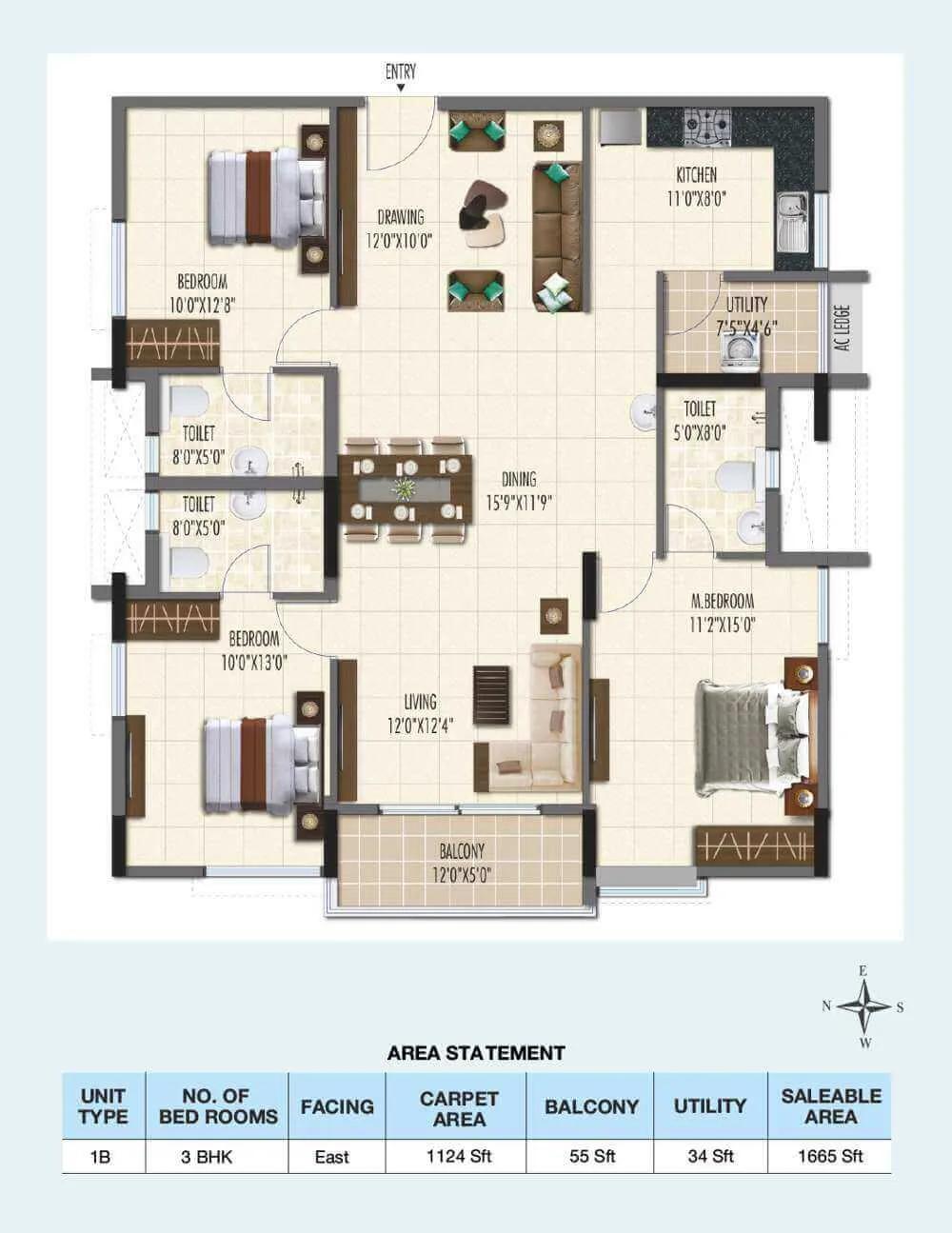 3-BHK-East-1665 - Ramky One Galaxia Phase 2