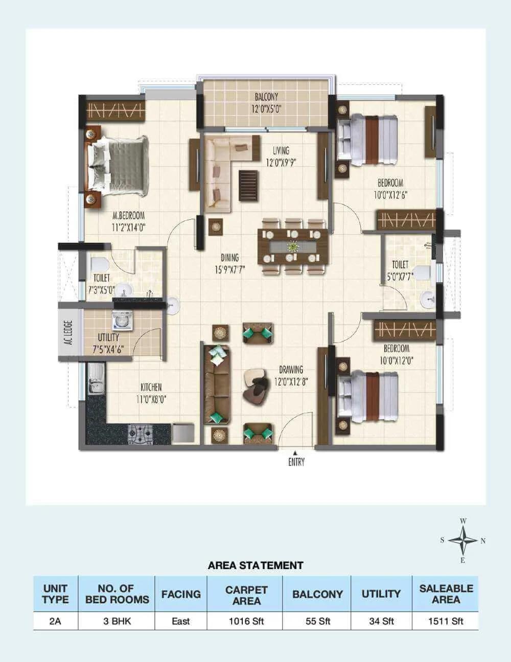 3-BHK-East-1511 - Ramky One Galaxia Phase 2