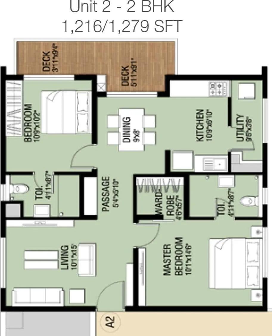 2 BHK - 1279 - Incor One City