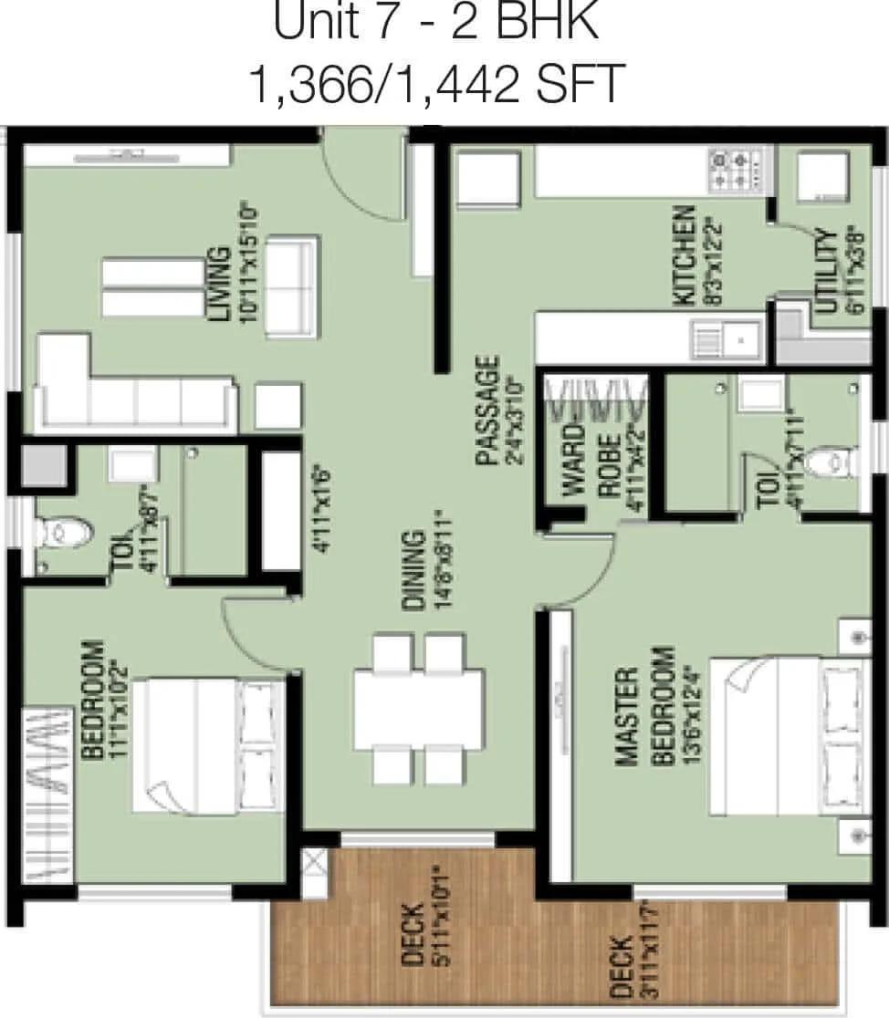 2 BHK - 1366 - Incor One City