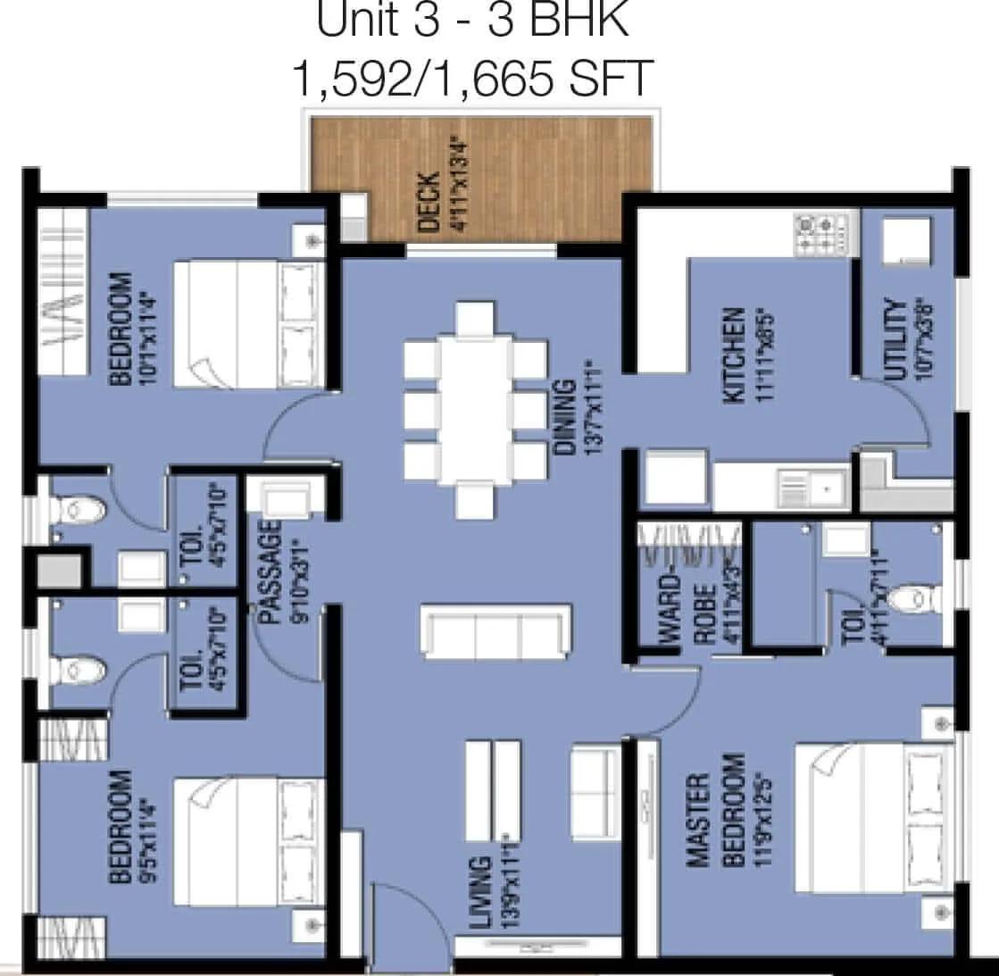 3 BHK - 1665 - Incor One City