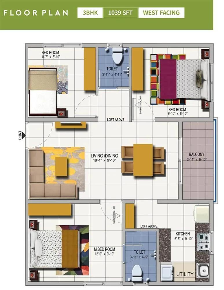3 BHK - 1039 West - Urbanrise Spring Is In The Air - Urbanrise Springs