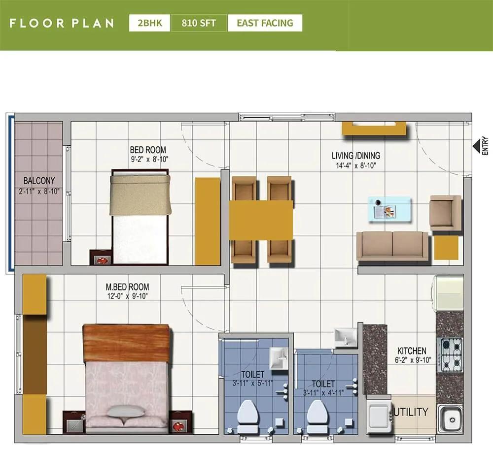 2 BHK - 810 East - Urbanrise Spring Is In The Air - Urbanrise Springs