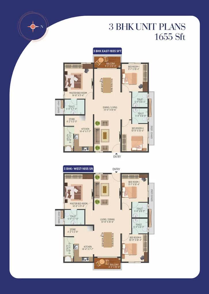3 BHK - 1655 - Muppas Melody Tellapur