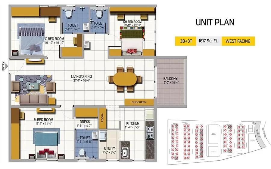 3 BHK 3T - 1617 - Urbanrise on Cloud 33 Codename Talk Of Hyderabad