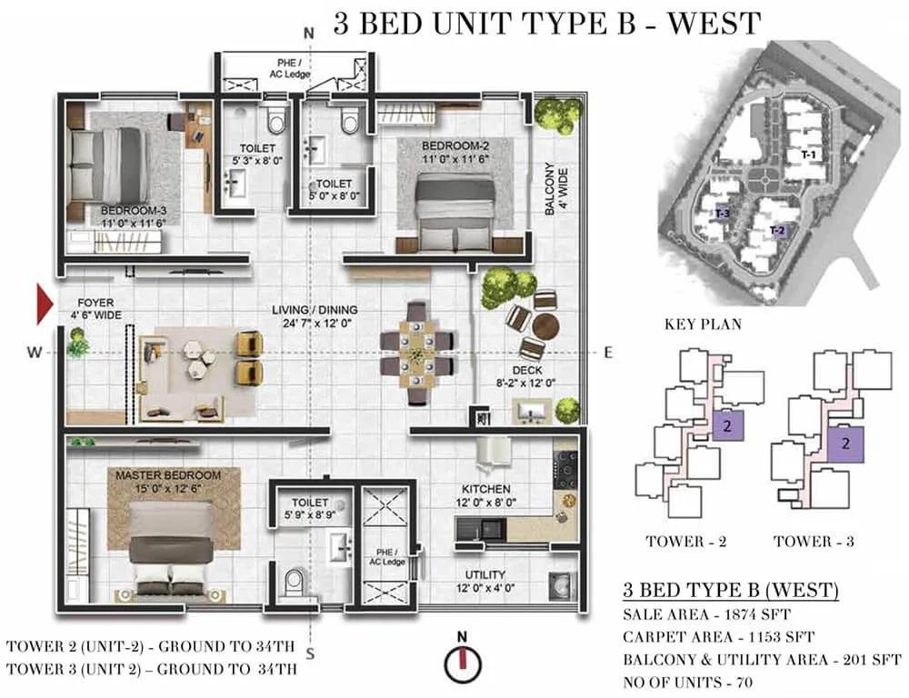 1874 3BHK - Prestige Beverly Hills