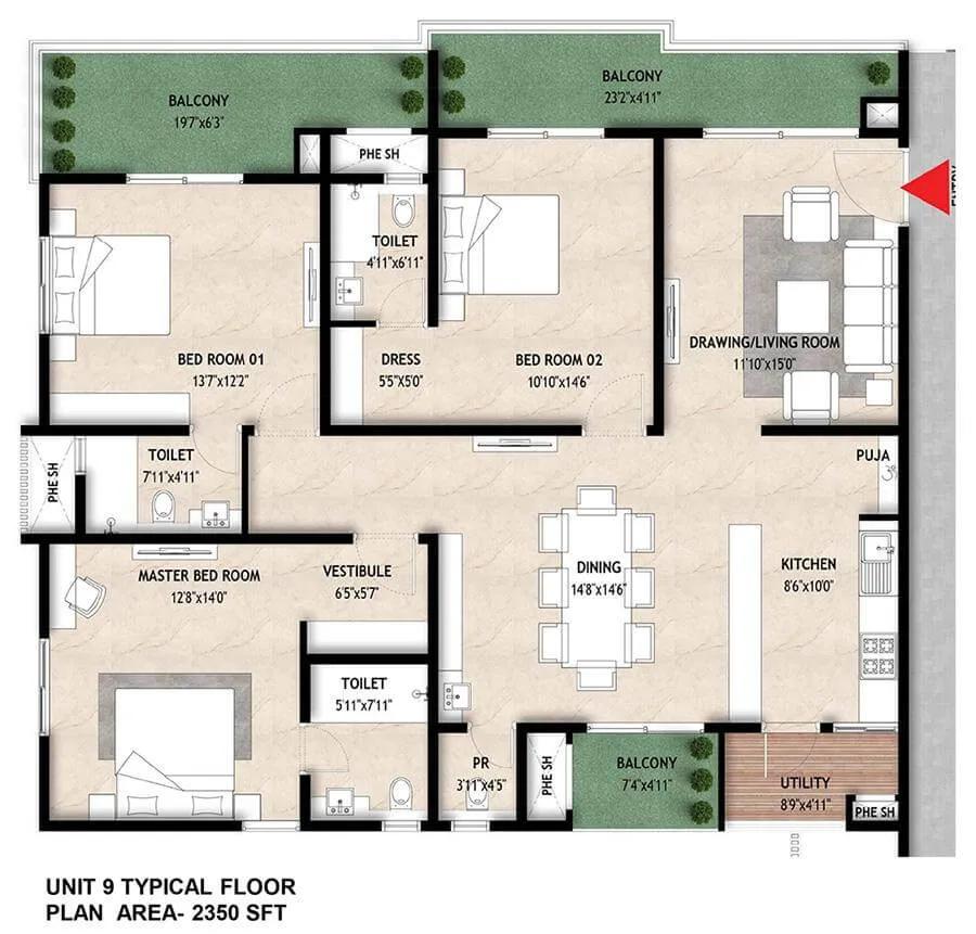 2350 3BHK - Mahaveer Crystal Garden
