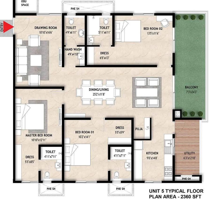 2360 3BHK - Mahaveer Crystal Garden