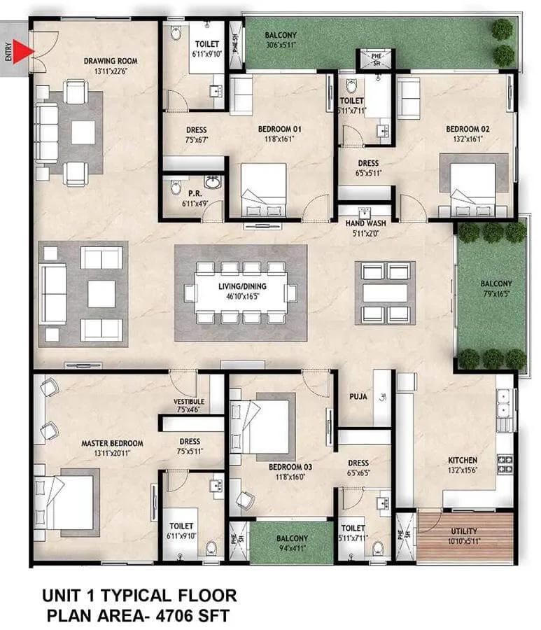 4706 4BHK - Mahaveer Crystal Garden