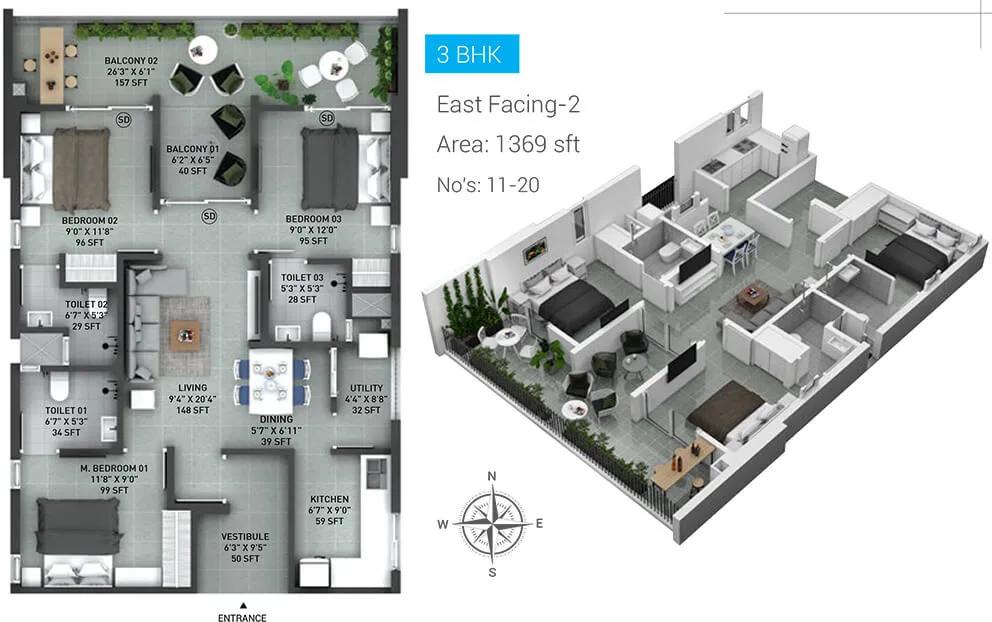 1369 3BHK East - Incor Lake City