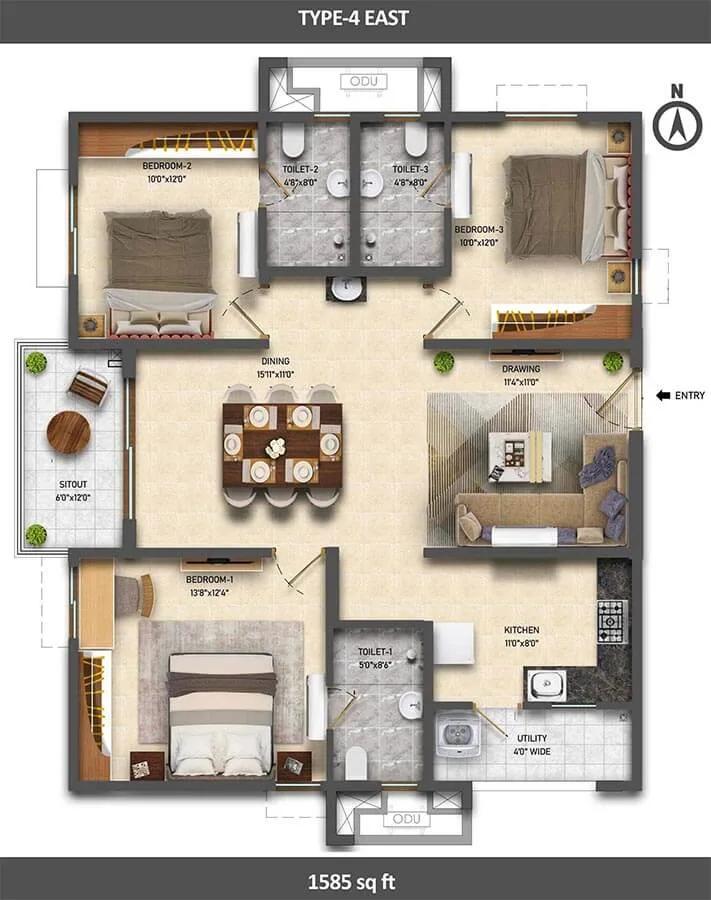 1585 3BHK - Ramky One Symphony