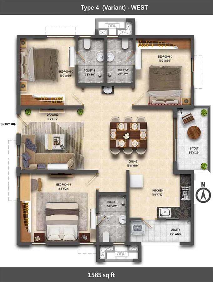 1585 3BHK W - Ramky One Symphony