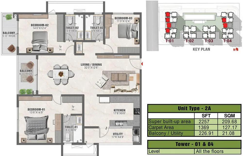 2257 3BHK 2A - Prestige Clairmont