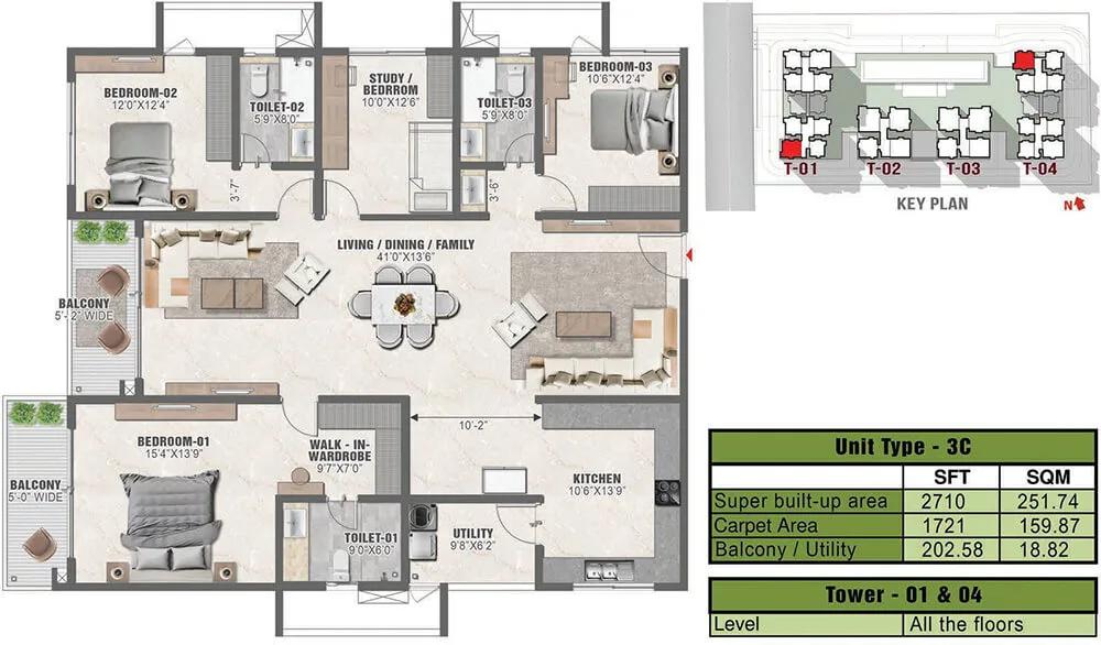 2710 3BHK+Study 3C - Prestige Clairmont