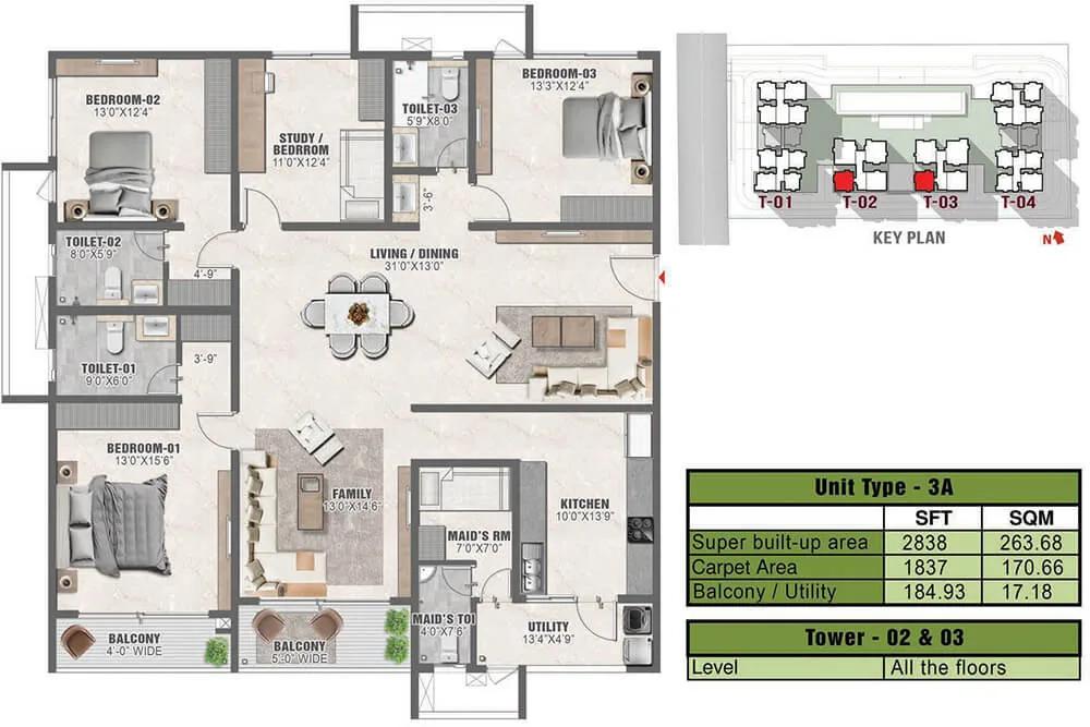 2838 3BHK+Study 3A - Prestige Clairmont