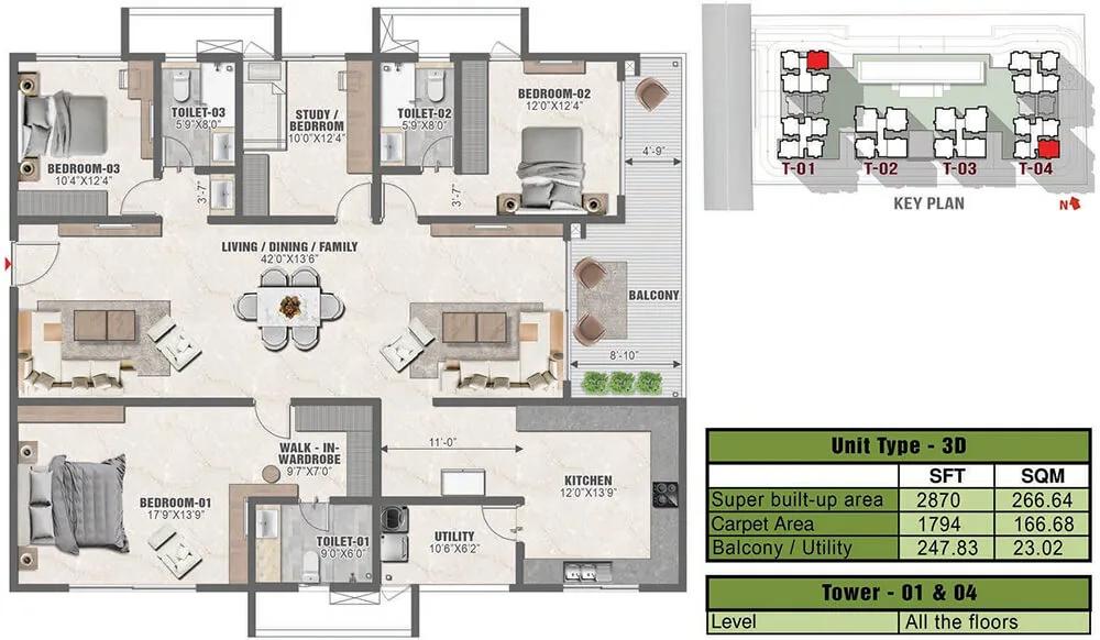 2870 3BHK+Study 3D - Prestige Clairmont